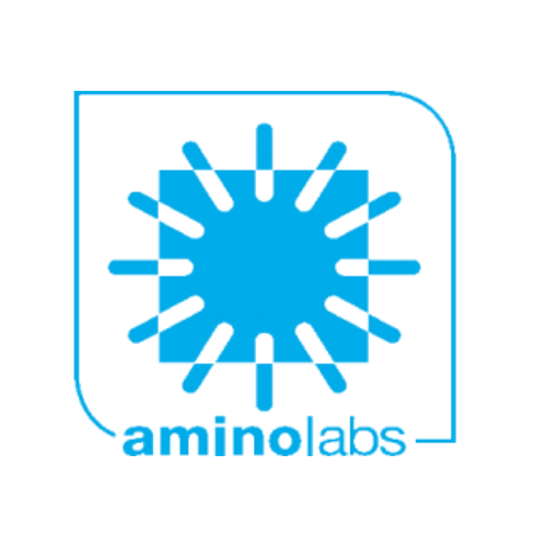 The Aminolabs logo features a blue square with radiating lines, symbolizing a sunburst, all enclosed in a rounded square frame. The text "aminolabs" is elegantly placed beneath it. | PBI-OOTB