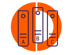 Three vertical file binders labeled A, B, and C are outlined in blue and set against an orange and white semi-circle background, showcasing the out-of-the-box organization benefits similar to Power BI dashboards. | PBI-OOTB