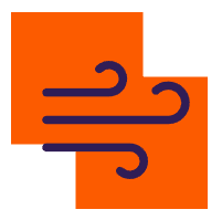 An icon showing two overlapping orange squares with a dark purple wind symbol in the center, illustrating the out-of-the-box benefits of Power BI. | PBI-OOTB