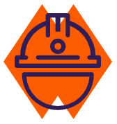 Icon of a safety helmet and harness in dark purple lines against an orange diamond background, symbolizing out-of-the-box construction safety or Power BI benefits at work. | PBI-OOTB