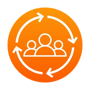 Icon depicting three people surrounded by a circular arrow loop on an orange background, symbolizing teamwork or a continuous process, ideal for home projects. | PBI-OOTB