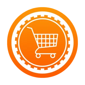 An orange circular icon with a white shopping cart symbol in the center, surrounded by a gear-like border, evokes a sense of convenience for your home shopping needs. | PBI-OOTB