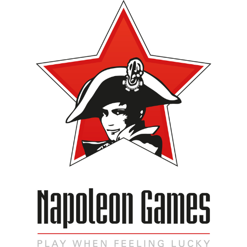 Logo of Napoleon Games featuring a stylized drawing of a historical figure in a hat against a red star backdrop, with the tagline 