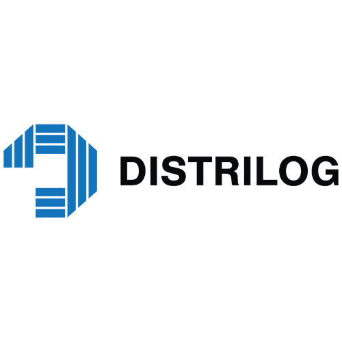 Logo of Distrilog featuring a blue geometric shape resembling the letter 