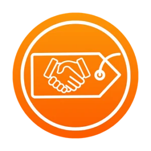 Orange circular icon featuring a price tag with a handshake symbol inside, evoking a sense of home and trust. | PBI-OOTB