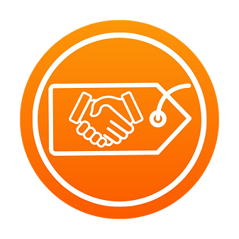 Orange circular icon featuring a price tag with a handshake symbol inside, evoking a sense of home and trust. | PBI-OOTB