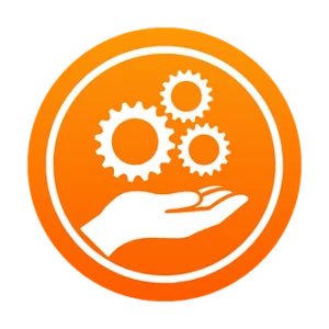 An orange circular icon features a white hand beneath three interlocking gears, symbolizing technical support or service in a home context. | PBI-OOTB