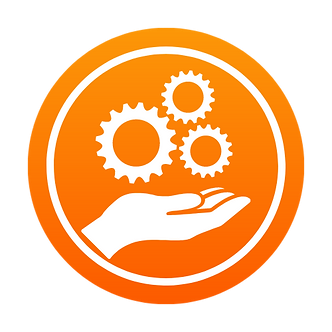 An orange circular icon features a white hand beneath three interlocking gears, symbolizing technical support or service in a home context. | PBI-OOTB