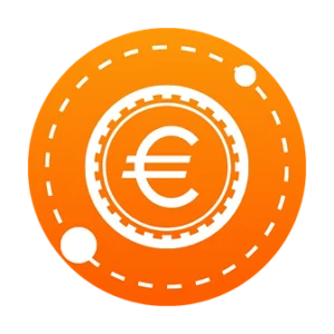 Orange circular graphic with a white Euro currency symbol in the center, surrounded by a dashed line and two smaller circles, reminiscent of home finances. | PBI-OOTB