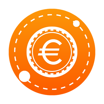 Orange circular graphic with a white Euro currency symbol in the center, surrounded by a dashed line and two smaller circles, reminiscent of home finances. | PBI-OOTB