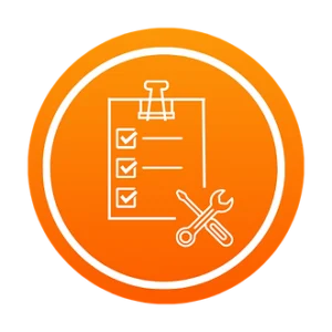 Orange icon with a white outline of a checklist featuring three checkmarks, and crossed wrench and screwdriver at the bottom right, evoking a home maintenance checklist. | PBI-OOTB