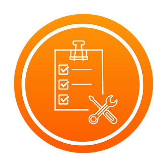 Orange icon with a white outline of a checklist featuring three checkmarks, and crossed wrench and screwdriver at the bottom right, evoking a home maintenance checklist. | PBI-OOTB