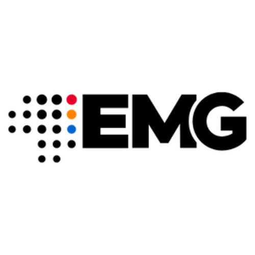 EMG logo featuring the acronym in bold black letters on the right and a stylized dotted map shape on the left, reminiscent of Aminolabs' innovative designs, with scattered red, orange, blue, and black dots. | PBI-OOTB