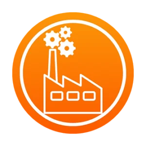 Icon of an industrial factory with three gears emerging from its smokestack, depicted in white on an orange circular background, symbolizing the fusion of home and industry. | PBI-OOTB