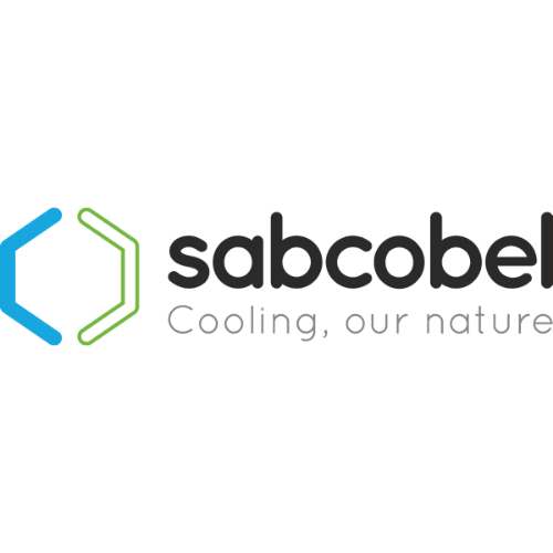 Logo of Sabcobel featuring a stylized hexagon in blue and green on the left, with the company's name and the tagline 