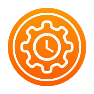 An orange icon depicting a gear with a clock face in the center, symbolizing time management within the home. | PBI-OOTB