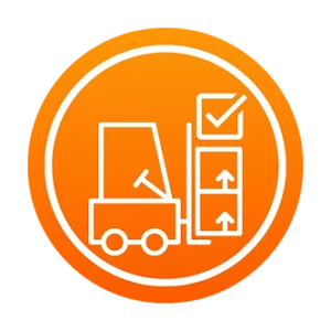 Icon of a forklift moving a stack of boxes with check marks and upward arrows on an orange circular background, symbolizing efficient home organization. | PBI-OOTB