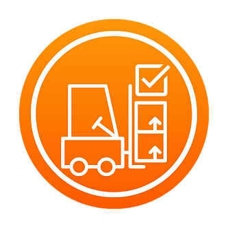 Icon of a forklift moving a stack of boxes with check marks and upward arrows on an orange circular background, symbolizing efficient home organization. | PBI-OOTB