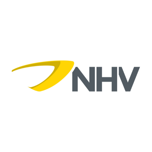 Logo of NHV featuring a stylized yellow swoosh on the left with the letters 