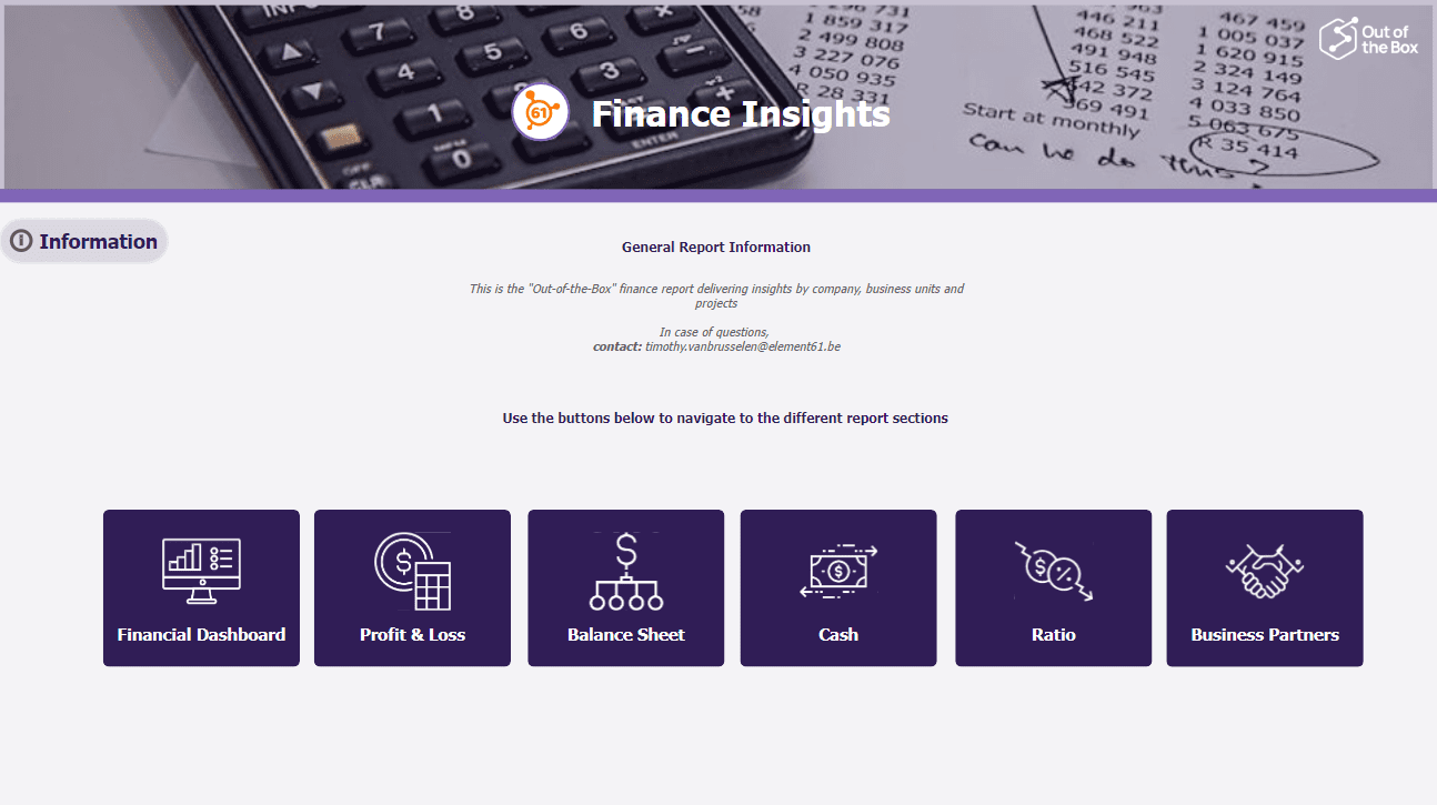 A webpage titled "Finance Insights" with navigation buttons for Financial Dashboard, Profit & Loss, Balance Sheet, Cash, Ratio, and Business Partners. A calculator and financial documents are in the background to assist with your finance needs. | PBI-OOTB