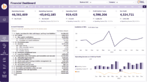 A finance dashboard displaying key metrics including operating income, expenses, and net profit. It also shows an account overview and charts depicting the evolution of KPIs and the ratio between operating income and costs. | PBI-OOTB