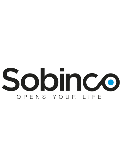 Logo with the text "Sobinco" in bold black letters and a blue dot inside the "o," followed by the slogan "Opens Your Life" in smaller black letters below. | PBI-OOTB