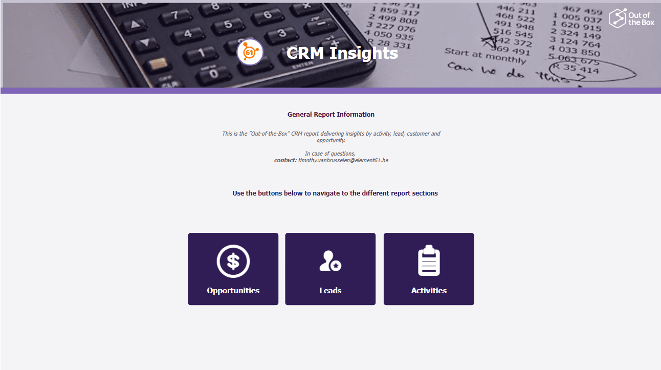 Screenshot of a CRM insights dashboard showcasing Customer Relationship Management sections for Opportunities, Leads, and Activities below a calculator and handwritten notes. | PBI-OOTB