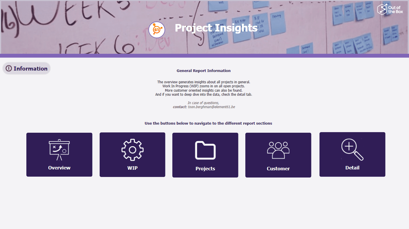 Dashboard interface titled "Project Insights" with buttons for Overview, WIP, Projects, Customer, and Detail. Background shows sticky notes and whiteboard with written notes. | PBI-OOTB